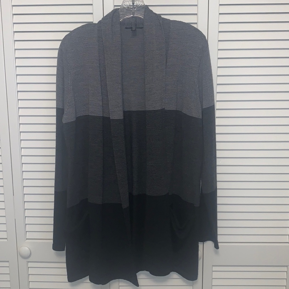 Eileen Fisher cardigan, size M, striped grey/ black, 100% merino wool